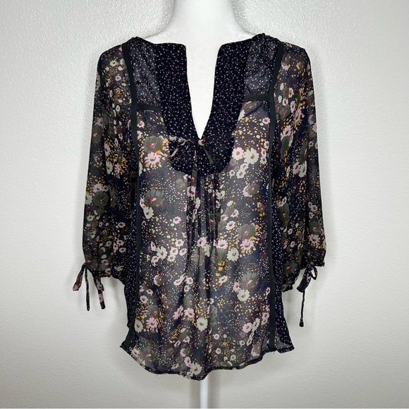Zara Tops - ZARA Womens Navy Blue Floral Chiffon Front Tie Top Balloon Sleeve Size XS/ S
